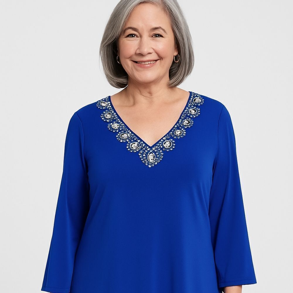 Slinky Brand Blue Beaded V-Neck Blouse Women’s M Elegant Holiday Party Top